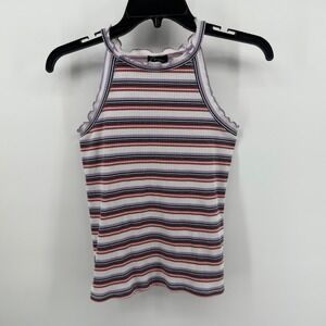 y2k‎ 90s Girls Striped Ribbed Ruffle Trim Tank Top Size L (10/12) Purple Red